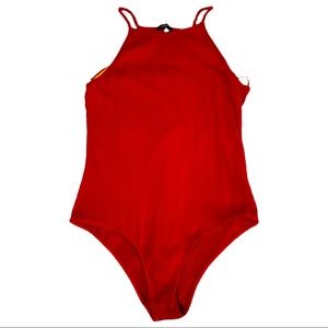 Ambiance Women’s Sleeveless Red High Halter Ribbed Bodysuit